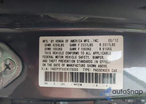 2012 Honda Accord 2.4 Se from USA, damaged, VIN 1HGCP2F6XCA175050
